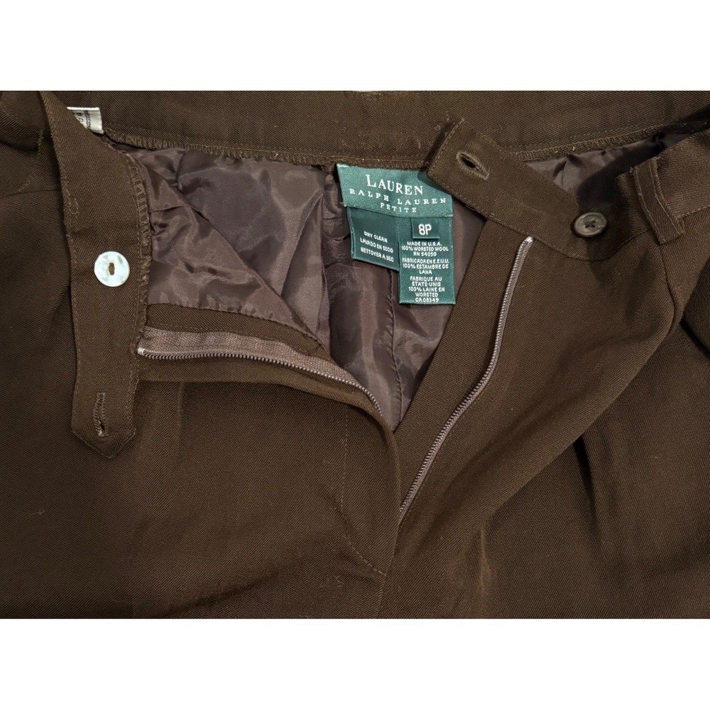 Lauren Ralph Lauren Chocolate Brown 100% Wool Pleated Pants 8 Petite High Rise - Picture 3 of 11